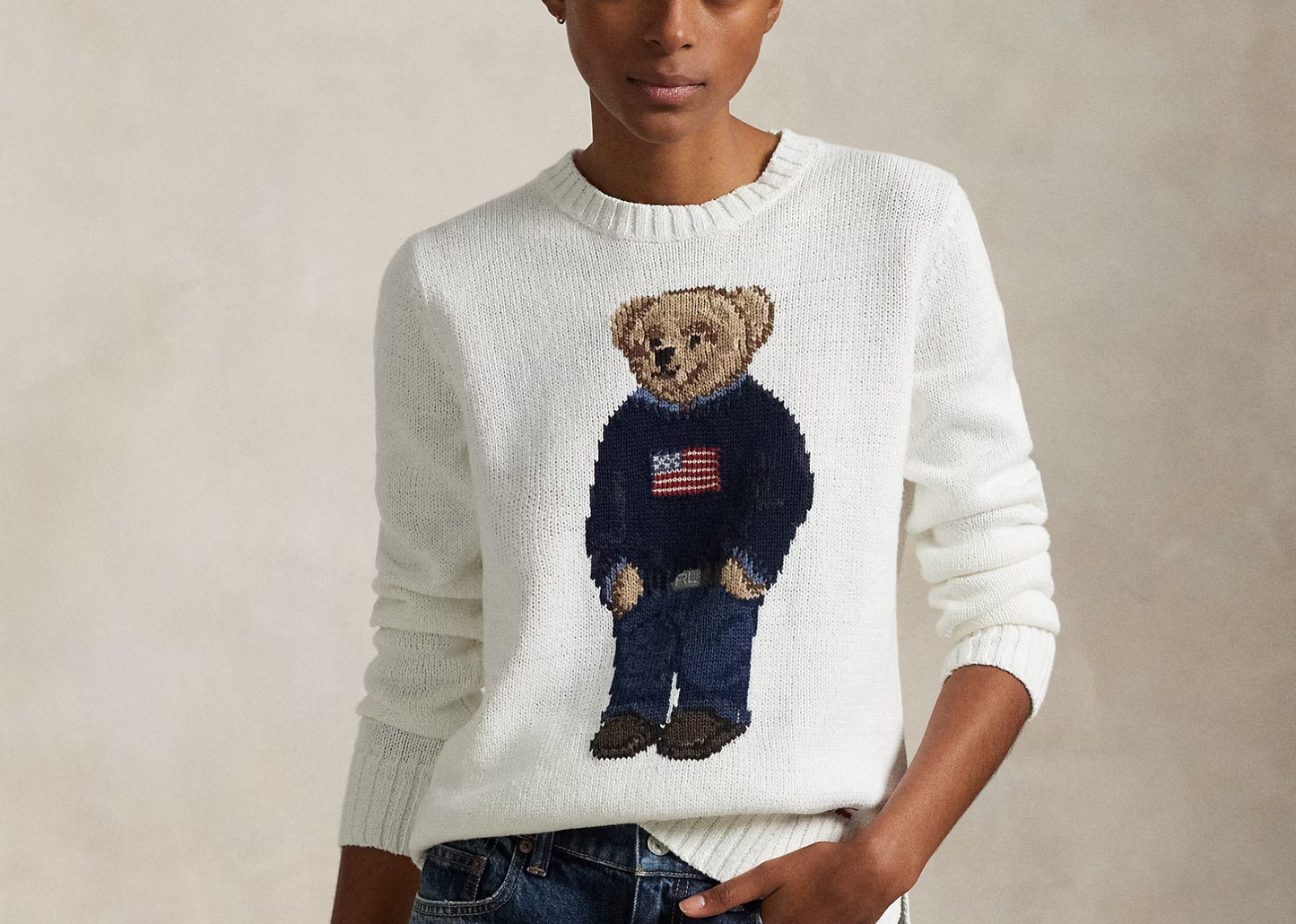 Polo Bear Linen Cotton Crewneck Jumper Deckwash White Multi