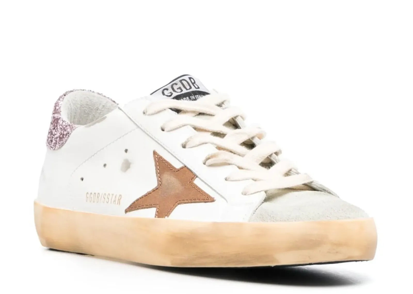 Super-Star White Leather Tan Star Pink Glitter Heel (W)
