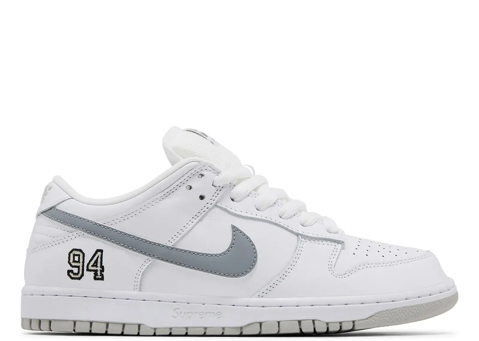 SB Dunk Low Supreme 94 White Metallic Silver