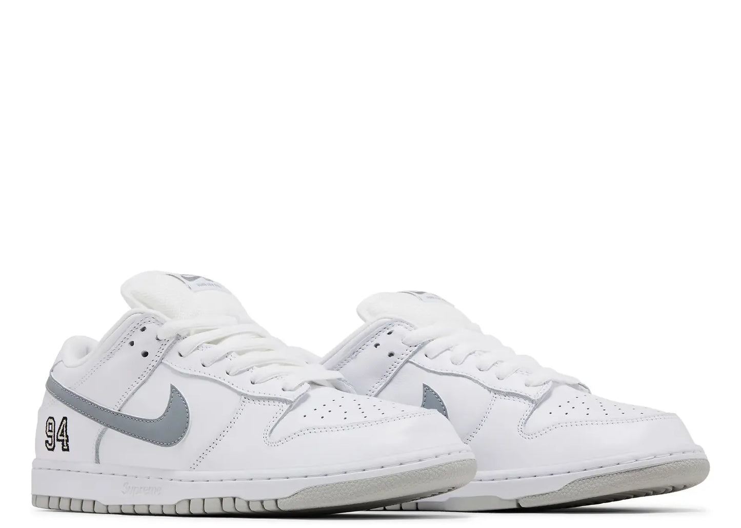 SB Dunk Low Supreme 94 White Metallic Silver