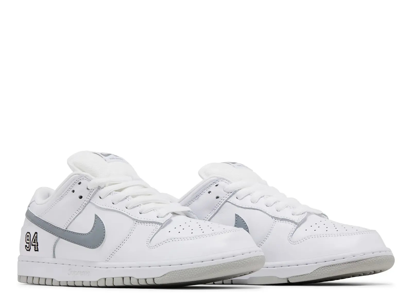 SB Dunk Low Supreme 94 White Metallic Silver