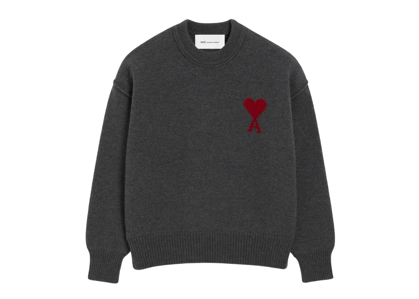 Ami De Coeur Contrasted Crewneck Merino Wool Sweater Grey Red