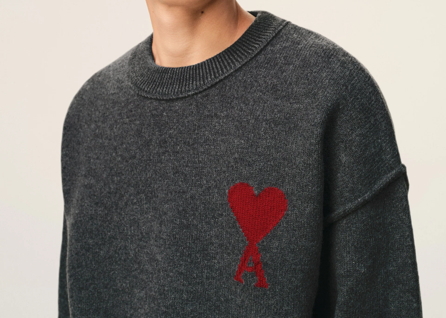 Ami De Coeur Contrasted Crewneck Merino Wool Sweater Grey Red