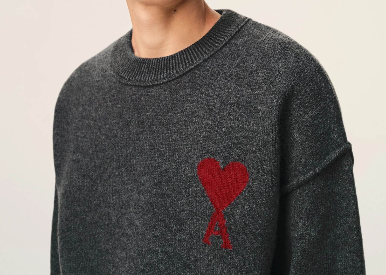 Ami De Coeur Contrasted Crewneck Merino Wool Sweater Grey Red