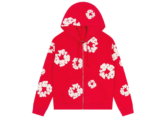 Cotton Wreath Zip Hoodie Red