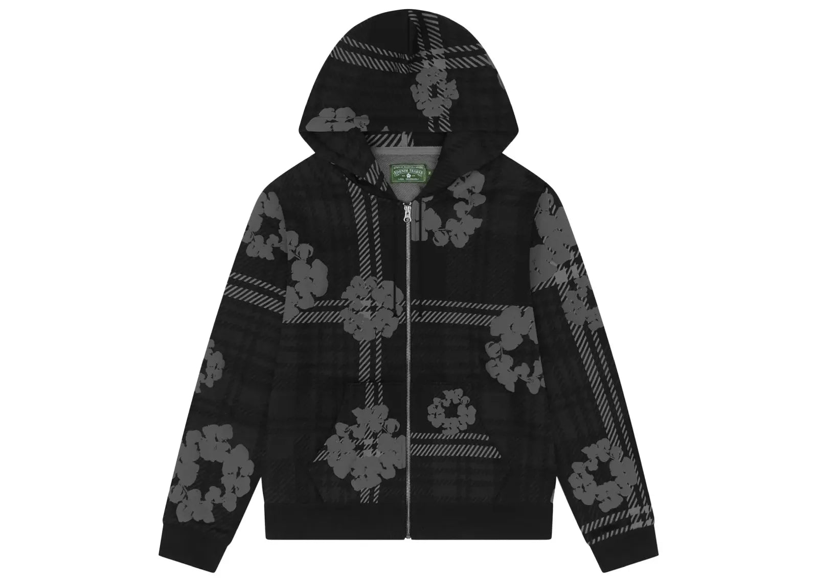 Plaid Cotton Wreath Zip Hoodie Black