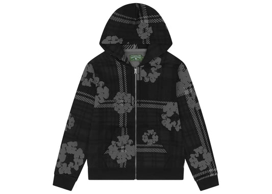 Plaid Cotton Wreath Zip Hoodie Black