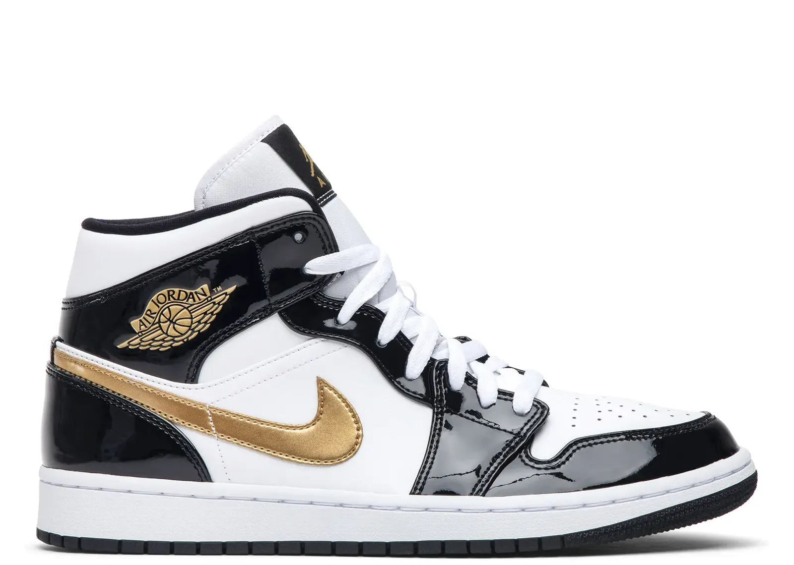 Air Jordan 1 Mid Patent Black White Gold