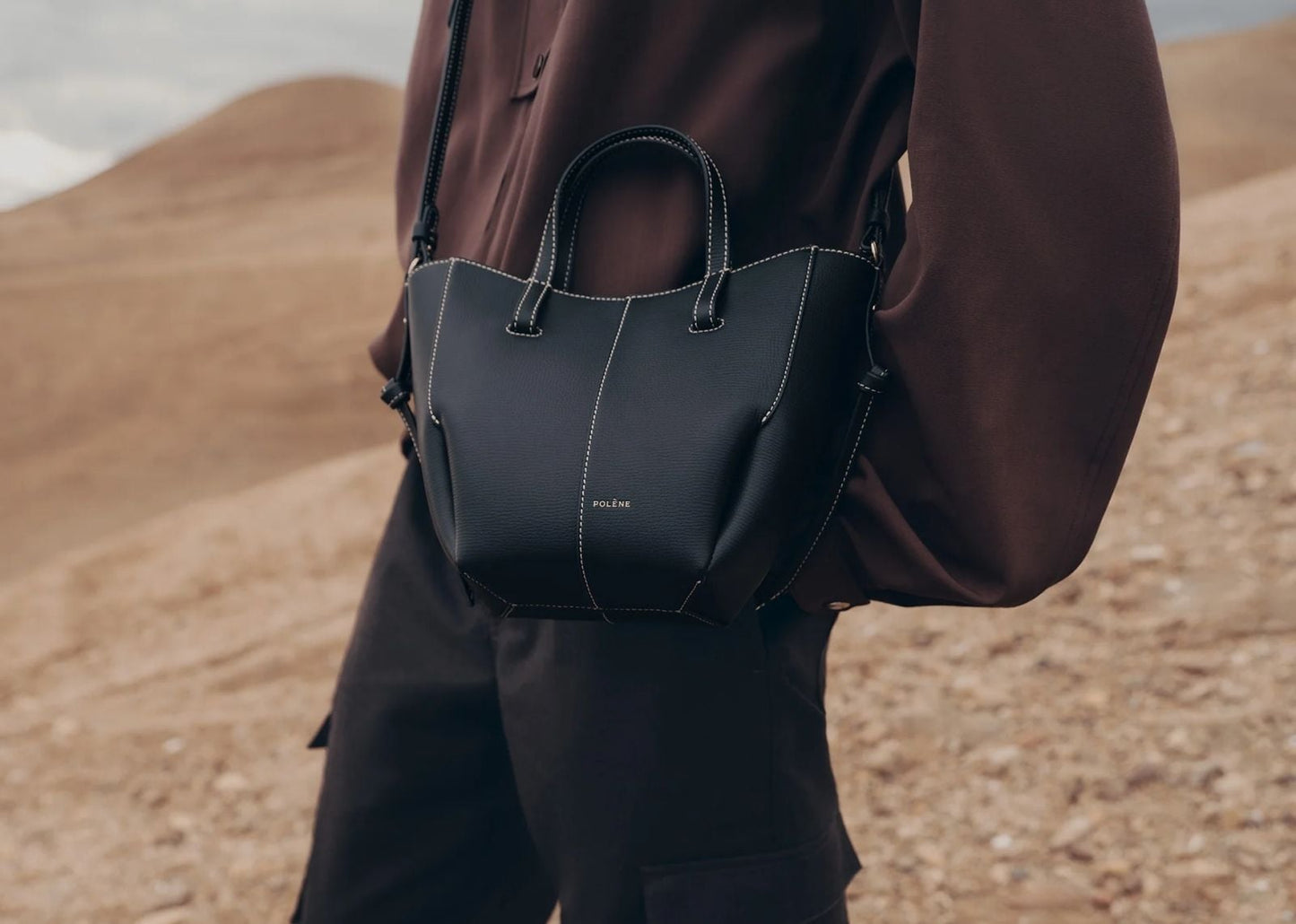 Cyme Tote Nano Edition Textured Black with Ecru Stitching