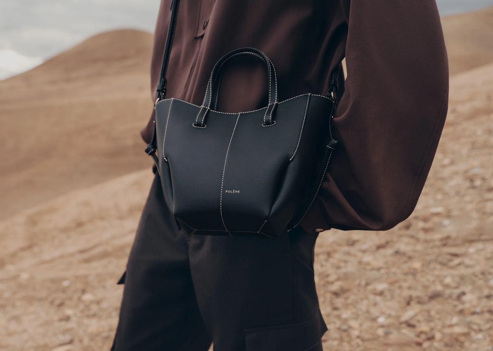 Cyme Tote Nano Edition Textured Black with Ecru Stitching