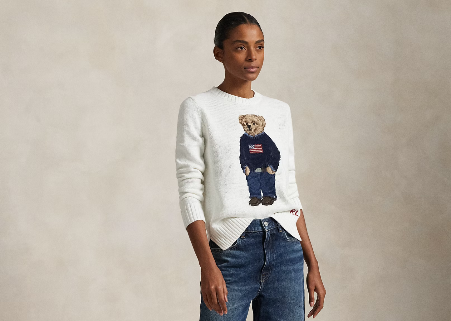 Polo Bear Linen Cotton Crewneck Jumper Deckwash White Multi