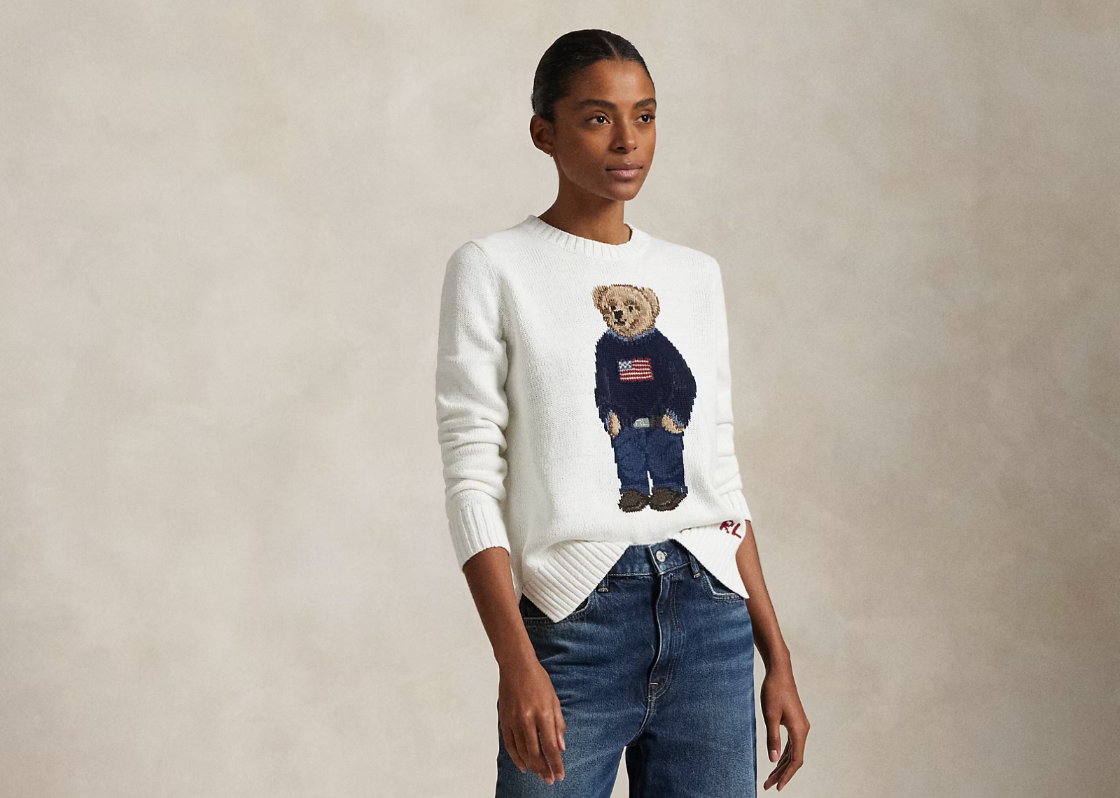 Polo Bear Linen Cotton Crewneck Jumper Deckwash White Multi