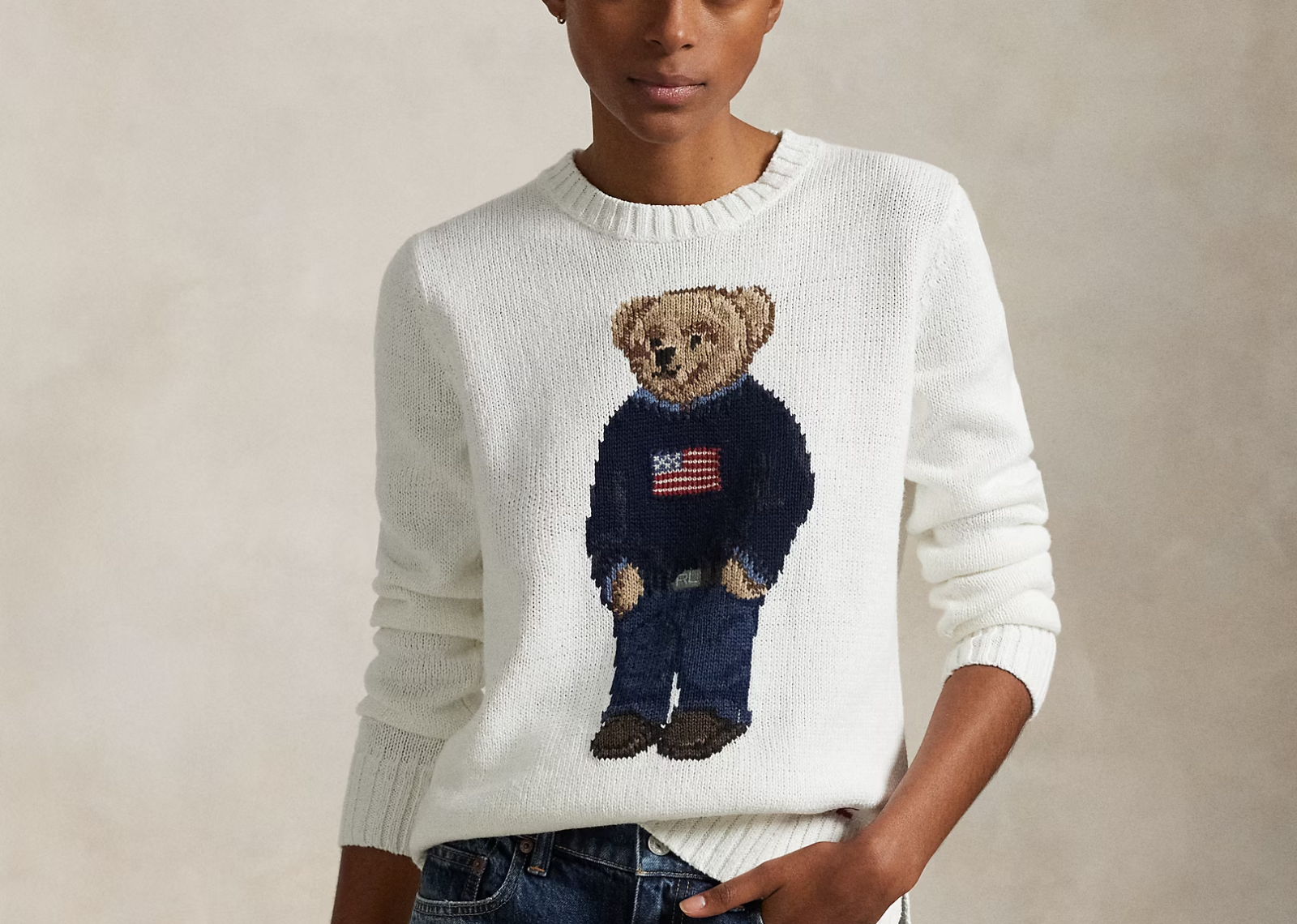 Polo Bear Linen Cotton Crewneck Jumper Deckwash White Multi
